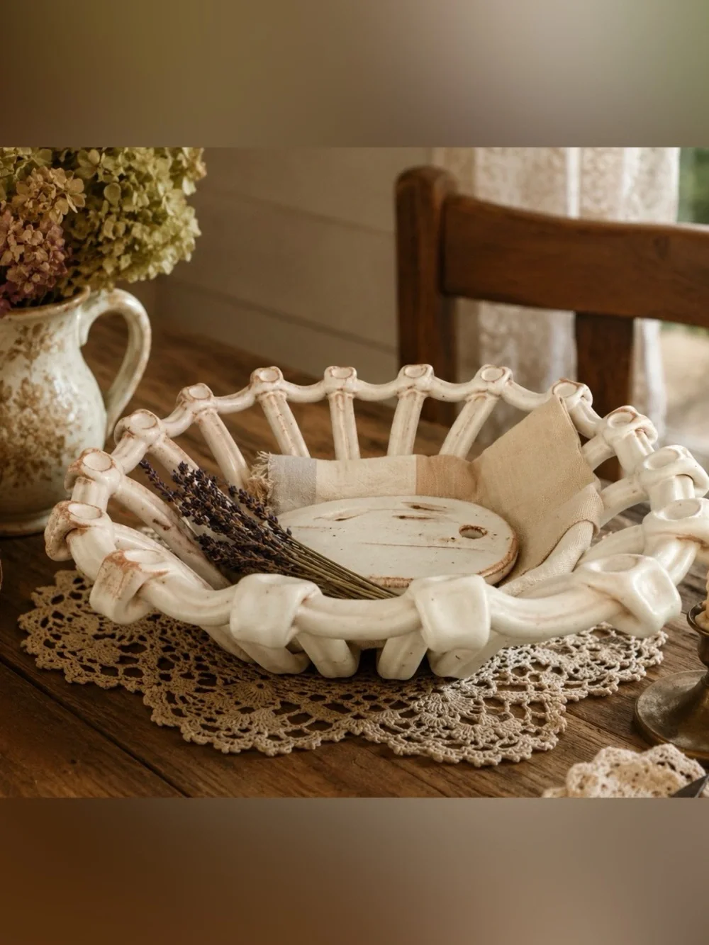 Rustic White Ceramic Decorative Bowl Basket with ceramic “weight”